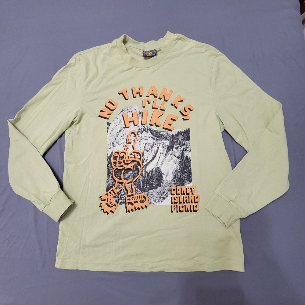 Coney Island Picnic “No Thanks I’ll Hike” Sage Green Graphic Long Sleeve Tee